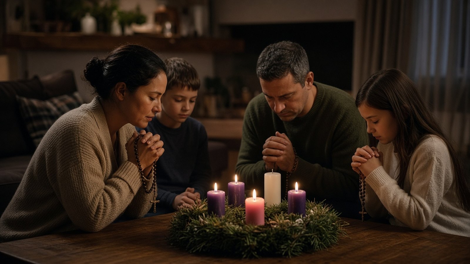 Family praying together around the Advent wreath