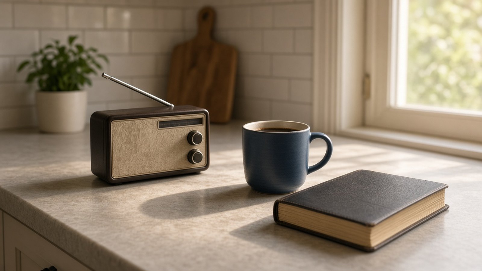 Radio, Bible and coffee on a kitchen counter for morning prayer