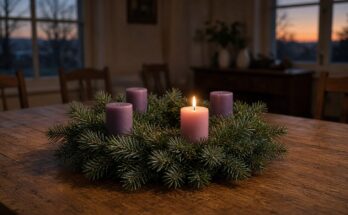 Advent wreath with the first candle lit on a family table