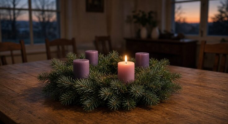 Advent wreath with the first candle lit on a family table