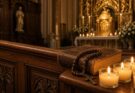 Glowing votive candles, wooden rosary beads, and a leather-bound prayer book on a church pew for All Saints' and All Souls' Day