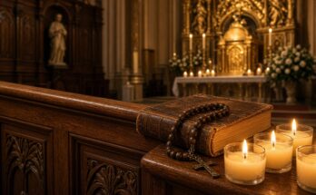 Glowing votive candles, wooden rosary beads, and a leather-bound prayer book on a church pew for All Saints' and All Souls' Day