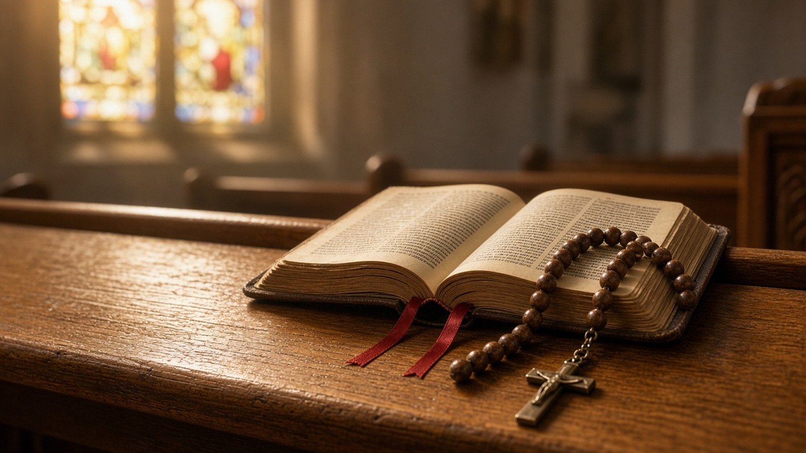 Open leather-bound Catholic Missal and wooden rosary beads resting on a wooden church pew in warm stained-glass light