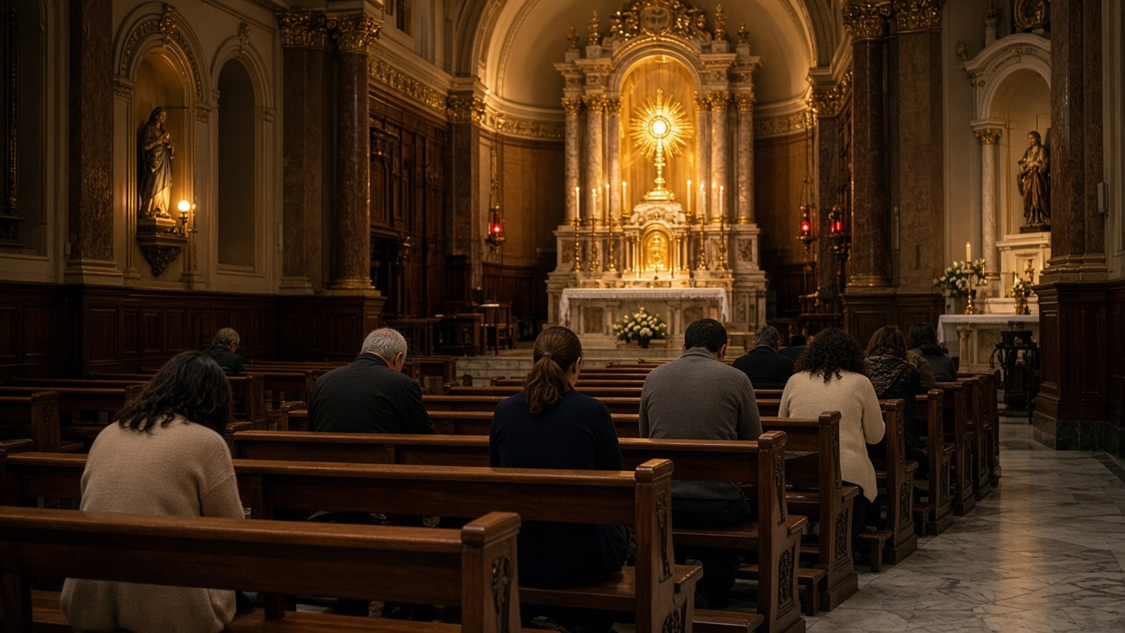Catholic faithful kneeling in wooden pews praying before the Blessed Sacrament exposed in a gold monstrance on the altar