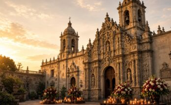 Historic baroque Catholic cathedral in Puebla, Mexico bathed in golden hour sunlight with candles and floral arrangements