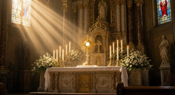 Sunlit Catholic church high altar with the Blessed Sacrament exposed in a gold sunburst monstrance surrounded by candles and white lilies