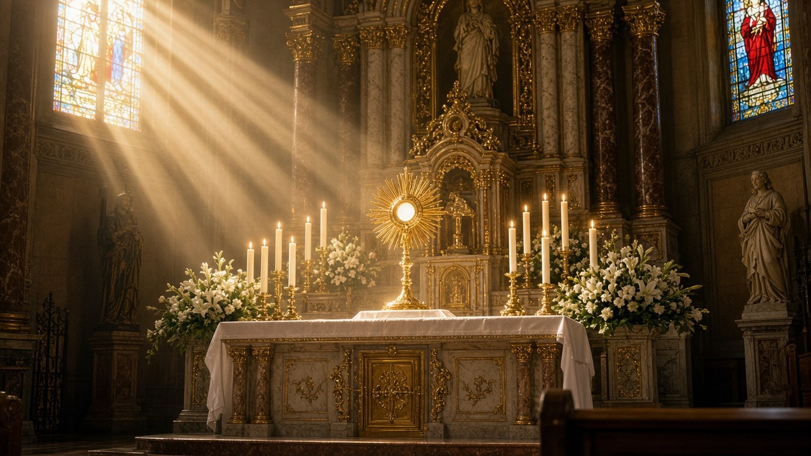 Sunlit Catholic church high altar with the Blessed Sacrament exposed in a gold sunburst monstrance surrounded by candles and white lilies