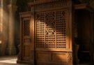 Traditional carved oak Catholic confessional booth illuminated by warm sunlight and candles inside a historic church