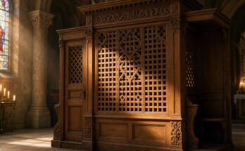Traditional carved oak Catholic confessional booth illuminated by warm sunlight and candles inside a historic church