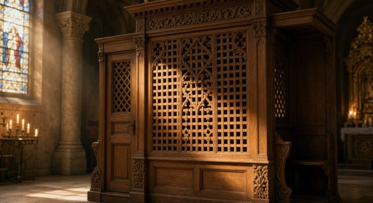 Traditional carved oak Catholic confessional booth illuminated by warm sunlight and candles inside a historic church