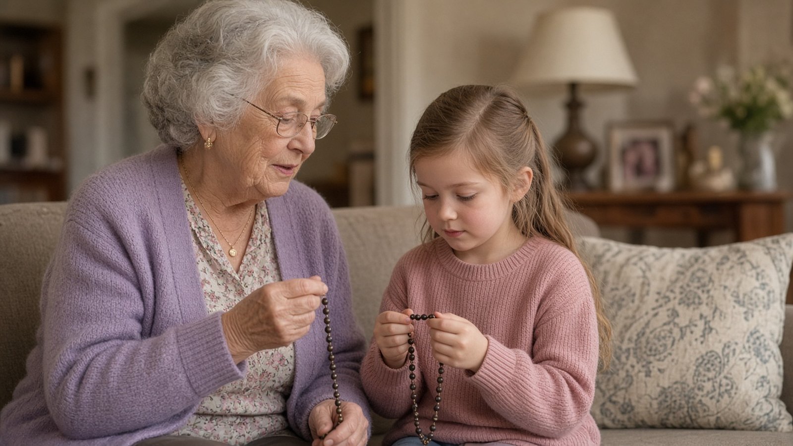 Grandmother teaching her granddaughter to pray the rosary