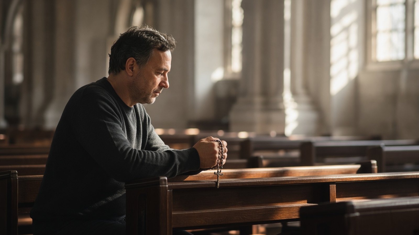 Man praying the rosary in a sunlit church pew