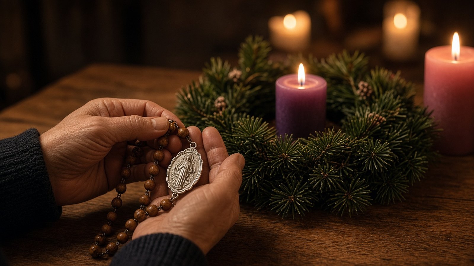 Rosary and Miraculous Medal beside an Advent wreath for the Immaculate Conception novena
