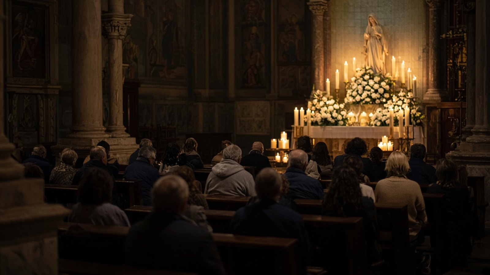 Parishioners praying before a Marian altar at an evening Mass