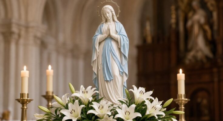 Statue of Mary Immaculate surrounded by white lilies and candles