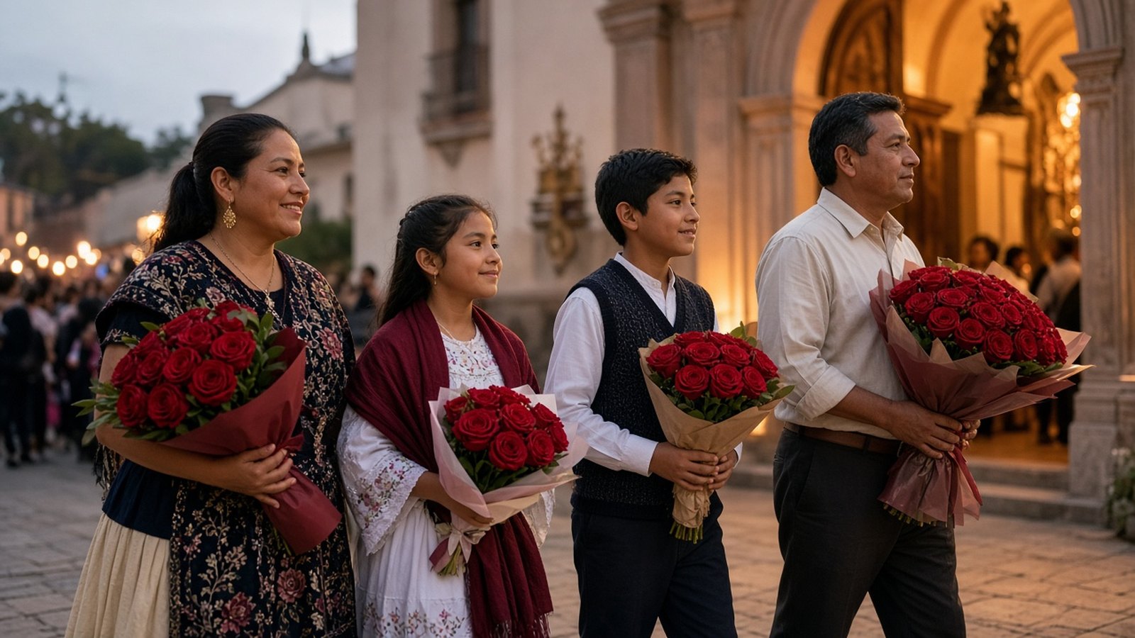 Family bringing roses to church for the Feast of Our Lady of Guadalupe