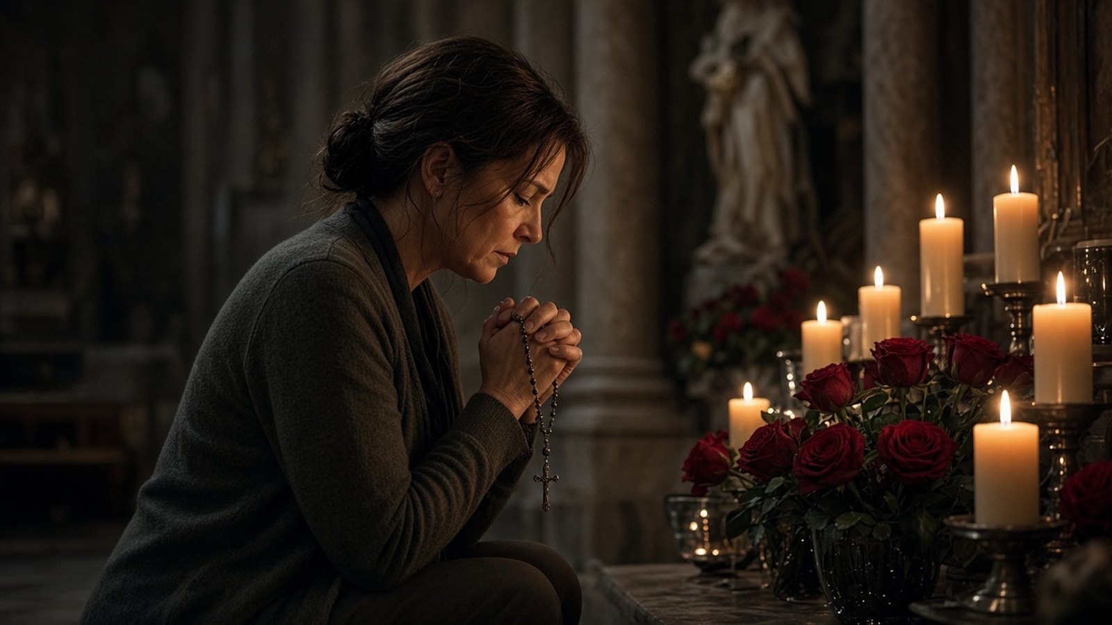 Woman praying the rosary before candles and roses