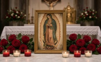Image of Our Lady of Guadalupe on an altar with red roses and candles