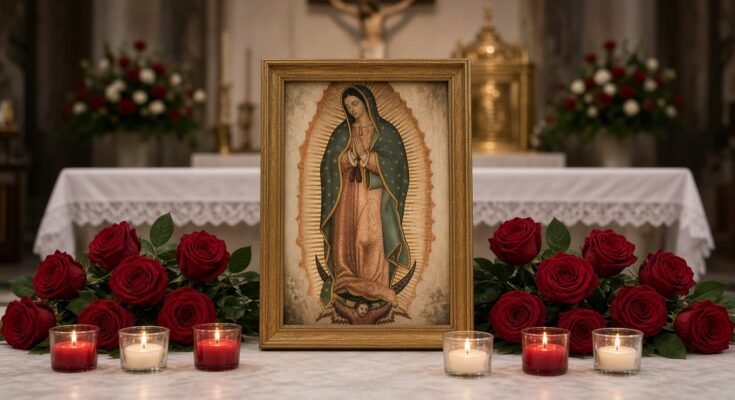 Image of Our Lady of Guadalupe on an altar with red roses and candles