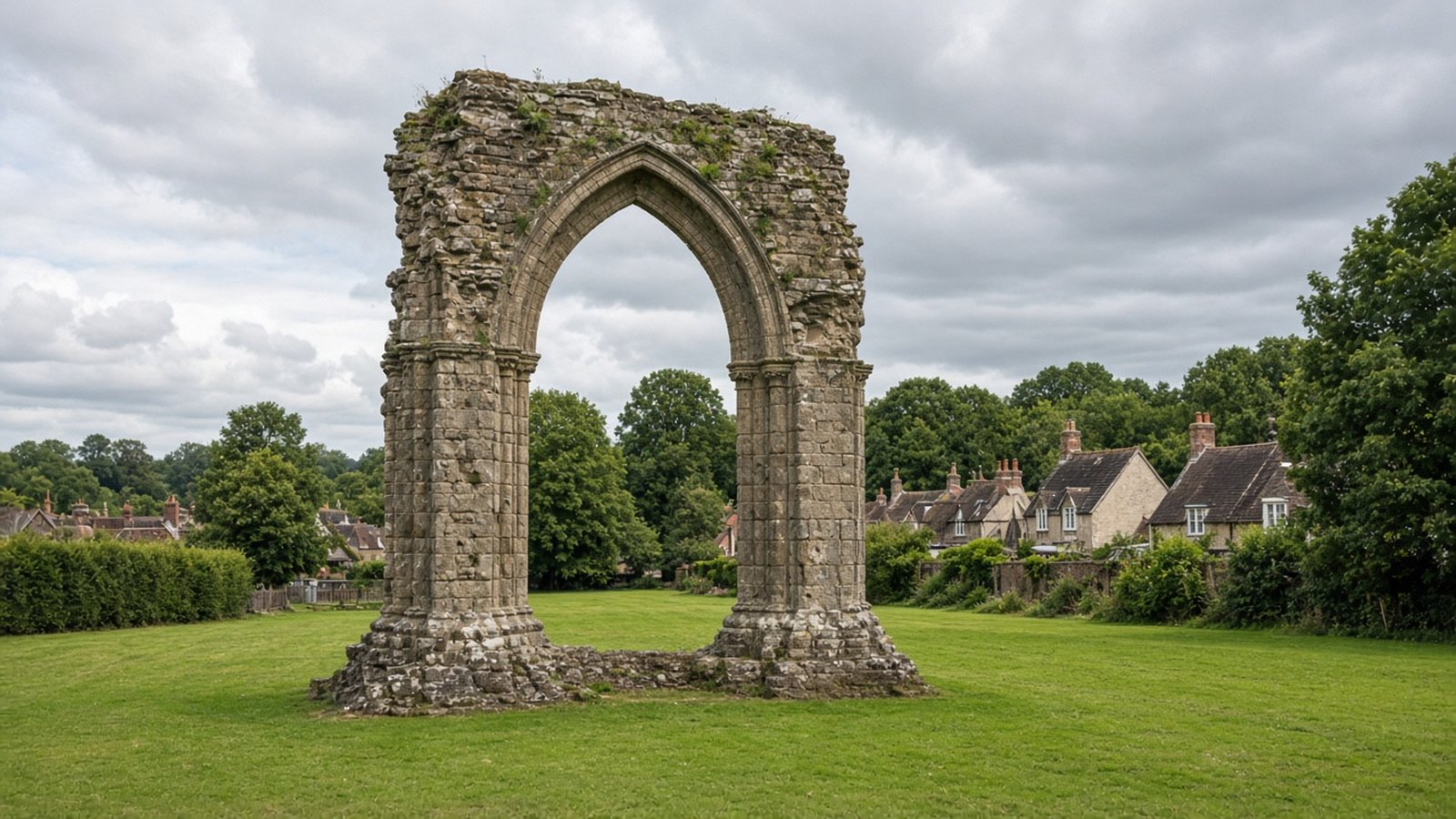 Ruined medieval priory arch on a village green