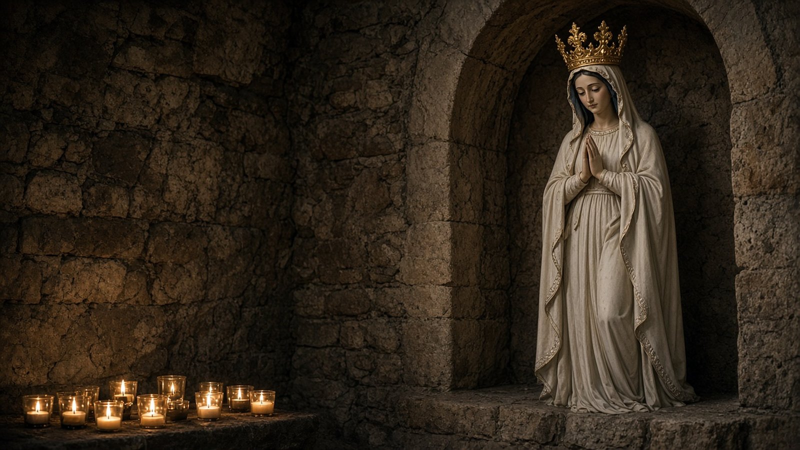 Candles before a crowned statue of Our Lady in a stone chapel