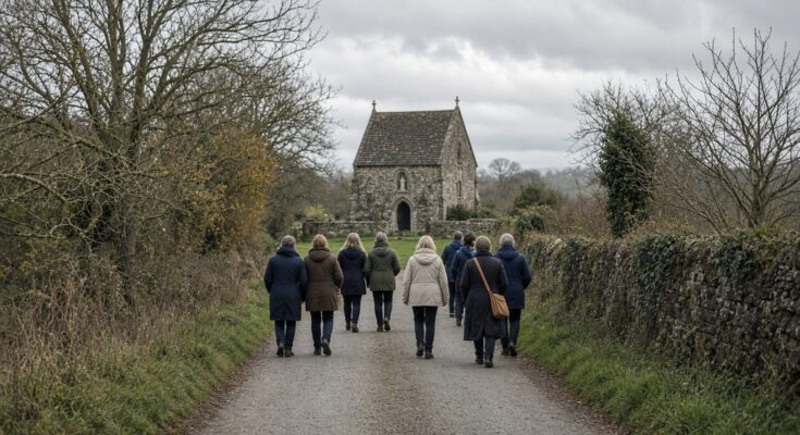 Pilgrims walking a country lane toward a small stone shrine chapel